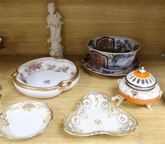 A Chinese blanc de chine figure, 23cm., three Noritake bowls and three other items